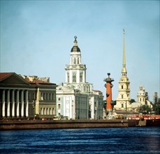A view from the neva river of the kunstkammer (domed building, center), as known as the peter the great anthropoly and ethnography museum, st, petersburg, russia.