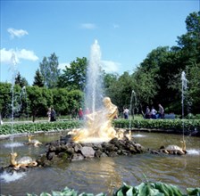 The fountain statue named 'samson tearing the lion's mouth' in petrovorets or peterhoff, outside st, petersburg, leningrad region, palace built by tsar peter the great in 1709.