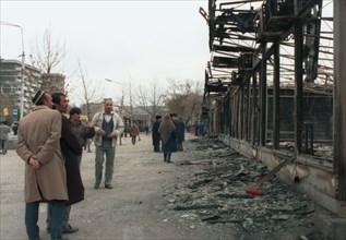 A row of stores destroyed during the riots in dushanbe, tajikistan, february 1990.