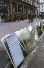 Riot shields of the interior ministry troops lined up on a street in dushanbe, tajikistan, february 1, 1990.