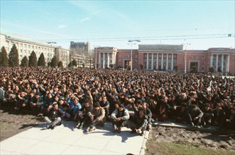 ?a public prayer meeting for the victims of the riots in dushanbe, tajikistan, february 1990.