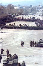 Soviet interior ministry riot units barricading a street in dushanbe, tajikistan, 1990.
