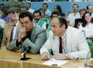 From left to right: mahmud asambayev, singer joseph kobzon and otaryi kvantrishvilyi at a kickboxing tournament in the palace of sports in luzniki, moscow, 1994, this was only a few days before kvantr...