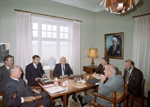 General secretary of the cpsu central committee mikhail gorbachev and president ronald reagan of the usa during their summit meeting in reykjavik, iceland on october 11, 1986.