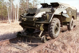 Transbaikal region, russia, 04/97: a new armoured personnel carrier btr-40 is capable of moving both along the roads and on railway tracks at a speed up to 50 km per hour is tested in the transbaikal ...