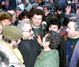 Armenia, yerevan, february 11, 1998, leader of the dashnaktsutyun armenian opposition party vagan oganesyan (beard, center) was released from prison on Tuesday
