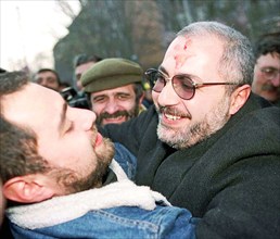 Armenia, yerevan, february 11, 1998, leader of the dashnaktsutyun armenian opposition party vagan oganesyan (r) was released from prison on Tuesday