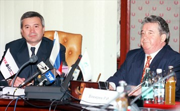 Russia's gas giant gazprom chairman rem vyakhirev (right) and president of major oil company lukoil vagit alekperov during a press conference after they signed strategic partnership agreement, novembe...