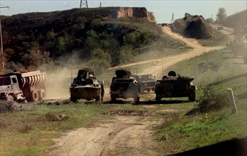 Ingushetia, russia, 10/2/99: federal troops moving along the nazran-grozny road
