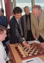 Elista (kalmykia), chess city, russia, september 30 ,1998, president kirsan ilyumzhinov (c) of kalmykia (a republic in the south of russia) who heads the international chess federation and referee ger...