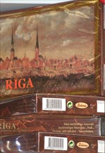 Packages of laima chocolates from riga, latvia.