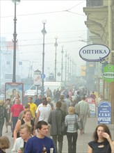 The nevsky prospekt (avenue), st, petersburg in smog from forest and peat fires in leningrad region, st, petersburg, russia, september 5, 2002.