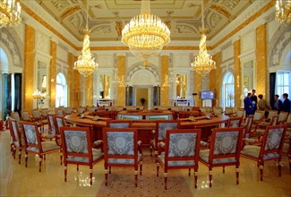 A view of the marble hall of the restored konstantin palace in strelna, now called the state complex 'the palace of congresses', which will be the venue of summits to be held during the city's 300th a...
