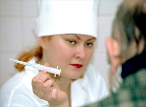 Syringes are distributed free among drug addicts in pavlodar region, russia to help prevent the spread of aids and other diseases, 2000.