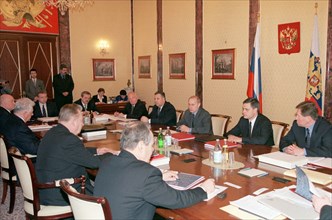 Kremlin, moscow, russian federation, january 30 2002: russia`s president vladimir putin (second right) at a meeting of the presidium of the state council that discussed on tuesday the main directions ...