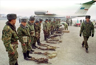 Tajikistan, february 4, 2001, kazakh battalion pictured at the dushanbe airport prior to their departure for homeland, on sunday, the unit of kazakh border guards have ended their peacekeeping mission...