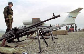 Tajikistan, february 4, 2001, kazakh battalion pictured at the dushanbe airport prior to their departure for homeland, on sunday, the unit of kazakh border guards have ended their peacekeeping mission...