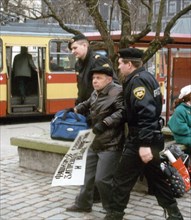 Riga, latvia, april 10 2001: russian citizen, resident of latvia, anatoly nautsevich, was arrested as he took part in unapproved demonstration in support of three other russian citizens, accused of te...