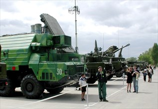 Znamensk, astrakhan region, russia, may 13 2001: visitors seen viewing rocket equipment tested in kapustin yar