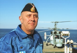 Barents sea, russia, august 26 2001, chief of the group of russian divers, rear-admiral gennady verich on board of the mayo ship during the operation to raise the sunken kursk nuclear submarine.