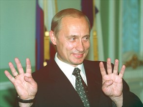 Moscow, russia, july 28, 2001, russian president vladimir putin has formulated eight tasks facing the russian railway ministry during his speech in the ministry's freight traffic and passenger transpo...