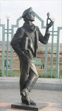 The monument of ostap bender (the literary hero of the book 'the 12 chairs') in elista, the chess city, in kalmykia, russia.
