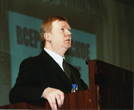 Moscow, russia, april 6 2002, anatoly chubais, chairman of board of the russian stock company 'unified energy systems of russia' (rao ees) speaking on friday at the conference of leaders of the russia...