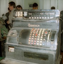 A cash register manufactured in japan in the mid of the 20's of the 20th century demonstrated at the exhibition named 'history of currency reforms in russia', moscow, russia, 2002.
