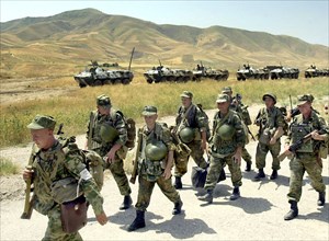 Exercises of 201st russian motorized infantry in tajikistan, july 6, 2002, men of a quick deployment battalion of 201st russian motorized infantry division from the strength of the cis joint peacekeep...