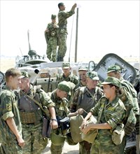Exercises of 201st russian motorized infantry in tajikistan - july 6, 2002, men of a quick deployment battalion of 201st russian motorized infantry division from the strength of the cis joint peacekee...