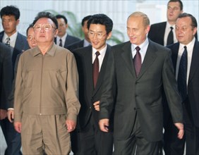 President vladimir putin (r) and visiting north korean leader kim jong-il pictured after their talks in vladivostok, russia on friday, august 23, 2002.