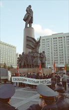 Group of national bolsheviks carrying communist flags and insigna hold a rally on kaluzhskaya square on tuesday, moscow, russia, october 22 2002.