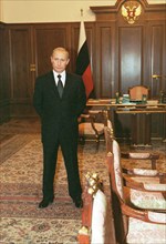 Vladimir putin, president of russian federation, moscow, russia, october 24 2002, president vladimir putin pictured in his office in the kremlin, on thursday,ensuring people's safety should be the pri...