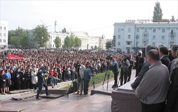 Dagestan, russia, october 25 2002: thousands of people took part in the meeting on friday in downtown makhachkala condemning the brutal action of terrorists in a theatre of moscow.