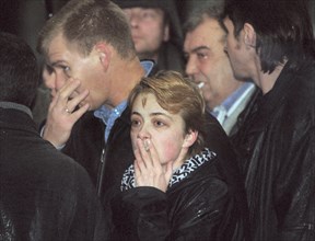 Moscow, russia, october 26 2002: chechen hostage crisis: a group of released hostages after their three-day ordeal.