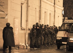 moscow, russia, october 26 2002: chechen hostage crisis: a detachment of special forces servicemen before the attack to release hostages held in the moscow theatre centre.