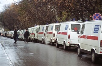 Moscow, russia,10/26/02: chechen hostage crisis: ambulances at the ready.