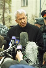 Moscow, russia,10/26/02, chechen hostage crisis: deputy interior minister vladimir vasiliev (c) held a press conference on the results of the hostage-release operation, it took place near the operatio...