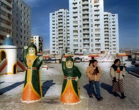 Mongolia, november 20, 2002: so called 'brezhnev's ' district of dwelling blocks in the city of ulan-bator, the capital of mongolia.