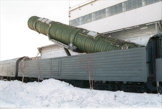 Russia, december 10 2002: picture shows an elevation of a solid-propellant intercontinental ballistic missile rs-22b (ss-24) installed on a combat railway missile complex , russian strategic missile f...
