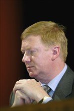 Moscow, russia, december 18 2002, head of the united energy system of russia (rao ees) anatoly chubais (in pic) at all-russia energy forum 'fuel and energy complex in 21st century' that was opened in ...