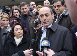 The incumbent armenian president robert kocharyan pictured with his wife bella kocharyan at a polling station as the presidential election was held in armenia on wednesday, yerevan, armenia, march 5, ...