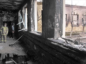 Makhachkala, russia, april 10, 2003 , picture shows the place of tragedy in a boarding school for deaf and dumb children which was ablazed on thursday having killed 28 people , over a hundred children...