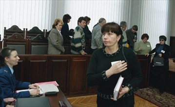 Jury members leaving the courtroom for deliberation after considering the case of polovin and yakimov, charged with a policeman's murder, at the kaliningrad regional court, here the case was considere...