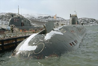 Russian nuclear-powered sub polyarnyye zori of the northern fleet pictured upon her return to the naval base in the murmansk region after having successfully completed her training mission, murmansk, ...