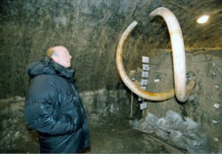 French traveller and businessman bernard buigues looks on a permafrost block with mammoth tusks - the main exhibit of an improvised ice museum buigues has set up in the village of khatanga were he col...