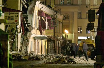 Caption: tas03: moscow, russia, may 13, 2003, a view of the accident site in central arbat street, where 14 people were injured as a result of a gas explosion on monday evening,the two-storey building...