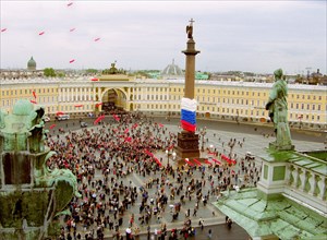 The alexander column was unveiled after its restoration, in st, petersburg's dvortsovaya square yesterday, st,petersburg, russia, may 25, 2003.