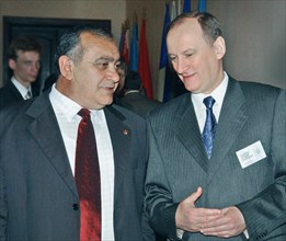 Visiting russian prime minister mikhail kasyanov (r) and his armenian counterpart andranik margaryan (markarian) (l) pictured in yerevan on monday, armenia, november 4, 2002, during their talks the he...