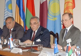 Armenian prime minister andronik margarian (left), the head of the national security service karlos petrosyan (center) and federal security service director nikolai patrushev (r) at the regular  confe...